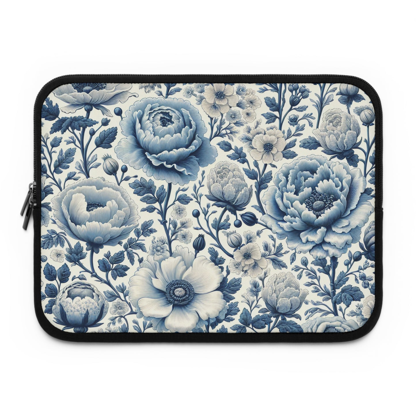 Laptop Sleeve, Blue and White Peony and Roses Floral Design, Tech Accessories, Protective Case, Laptop Cover, Gift for Her, Flower Pattern,