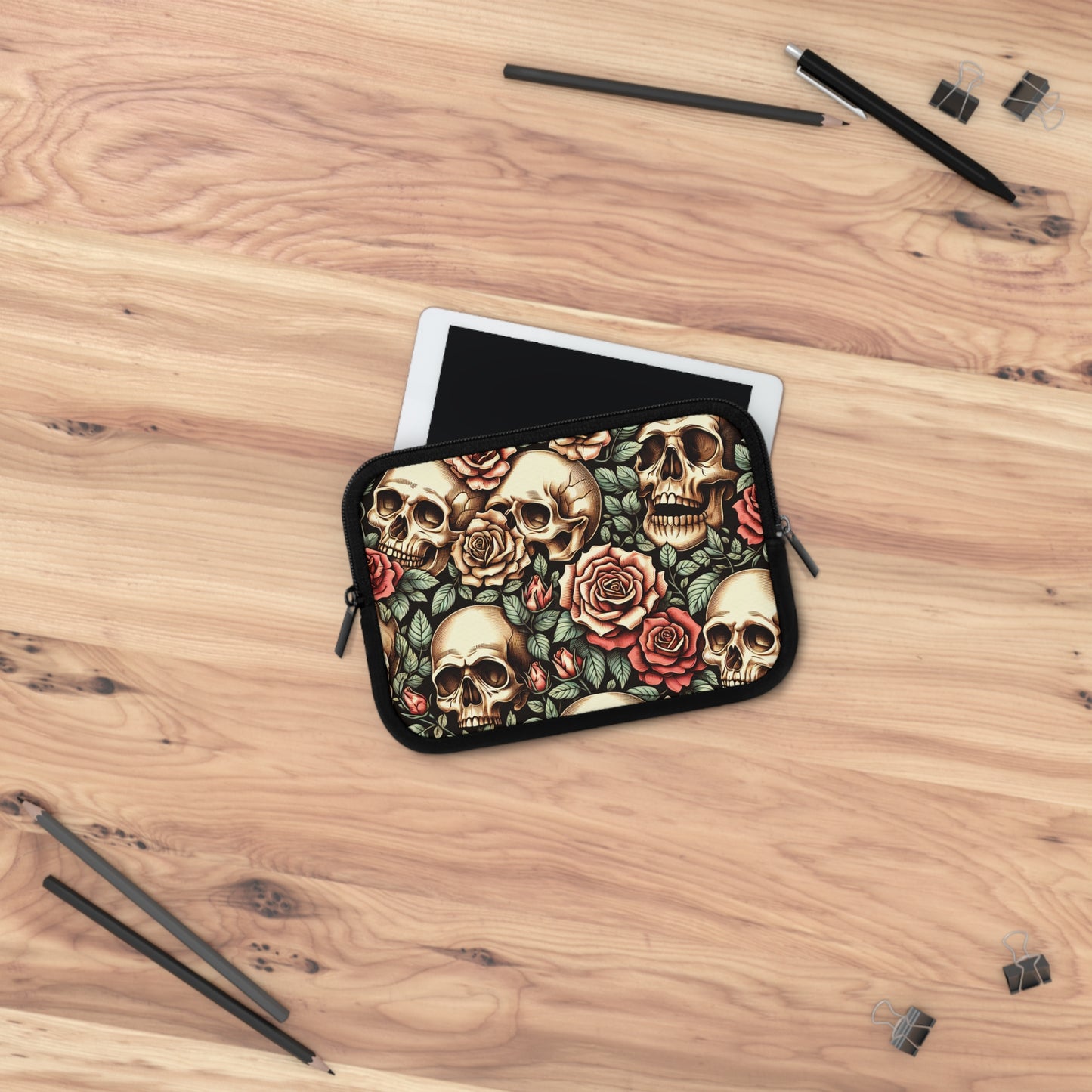 Gothic Roses Laptop Sleeve, Romantic Skeleton Design, Black Floral Tech Case, Halloween Computer Cover, Dark Romantic Tablet Pouch