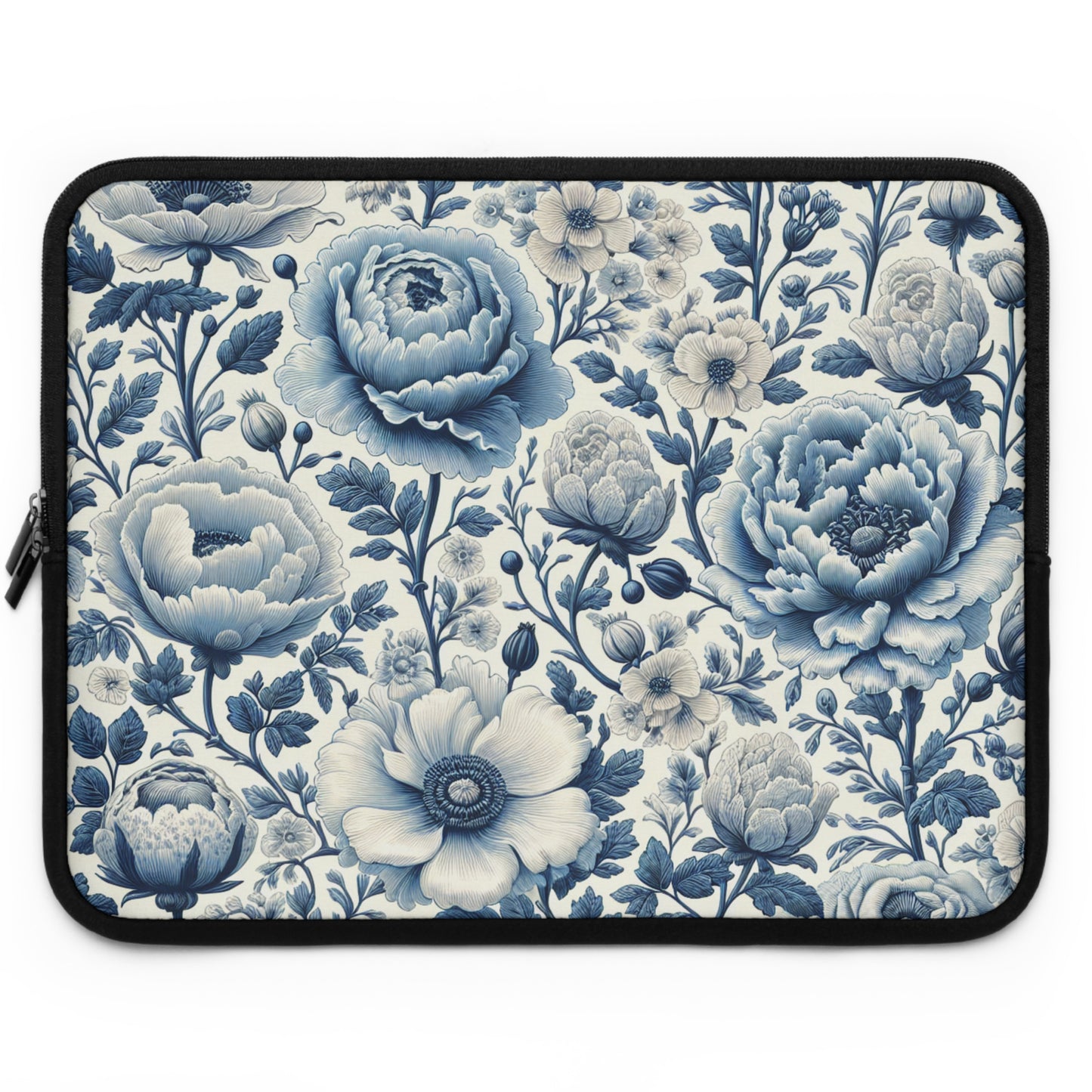 Laptop Sleeve, Blue and White Peony and Roses Floral Design, Tech Accessories, Protective Case, Laptop Cover, Gift for Her, Flower Pattern,