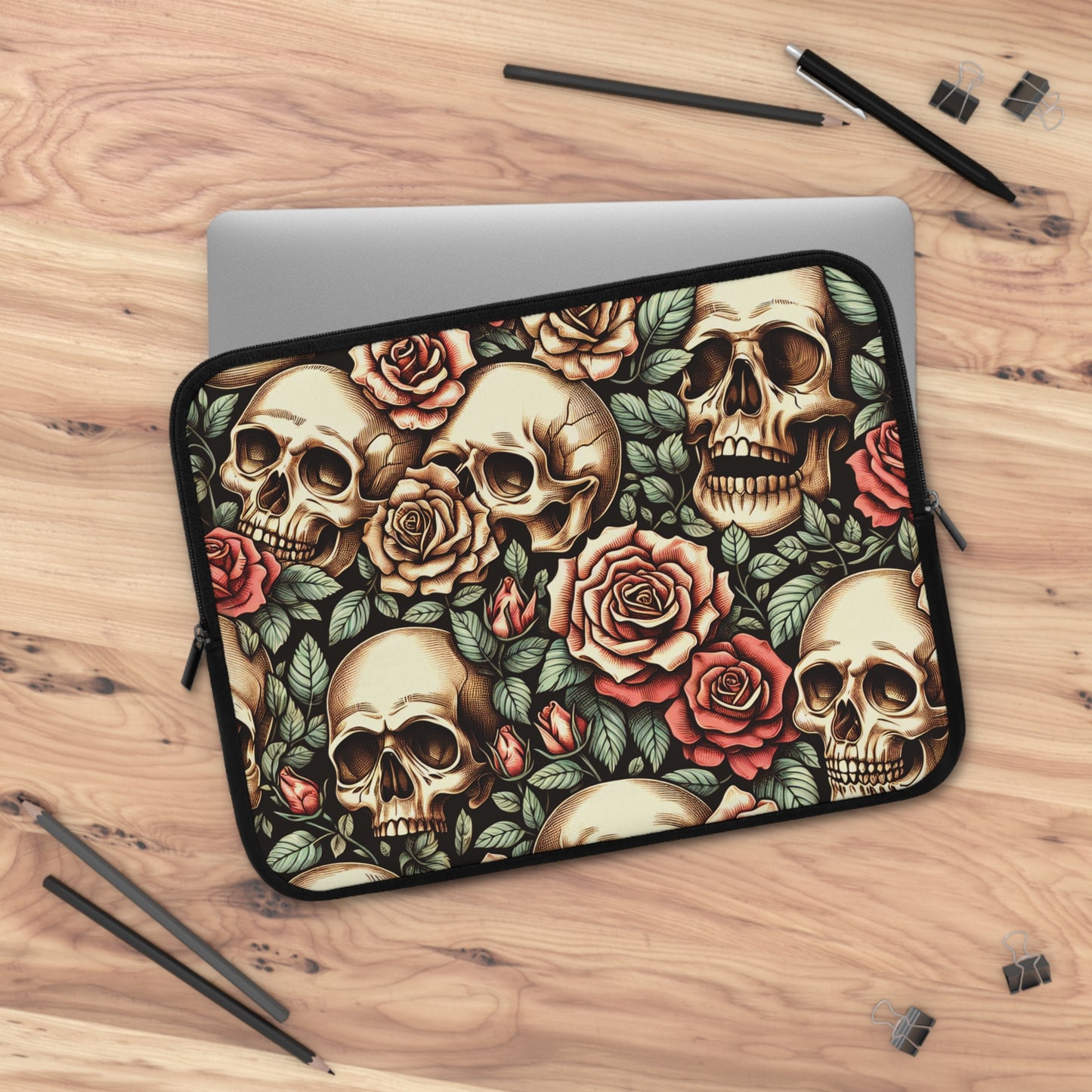 Gothic Roses Laptop Sleeve, Romantic Skeleton Design, Black Floral Tech Case, Halloween Computer Cover, Dark Romantic Tablet Pouch