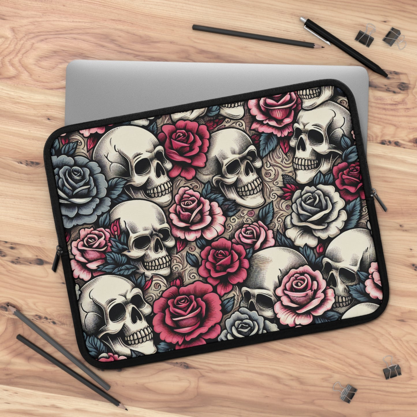Edgy Skull & Rose Laptop Sleeve – Stylish Protection for Your Tech