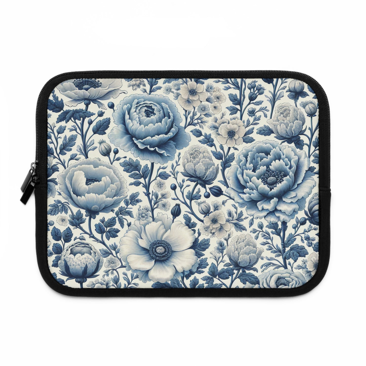 Laptop Sleeve, Blue and White Peony and Roses Floral Design, Tech Accessories, Protective Case, Laptop Cover, Gift for Her, Flower Pattern,