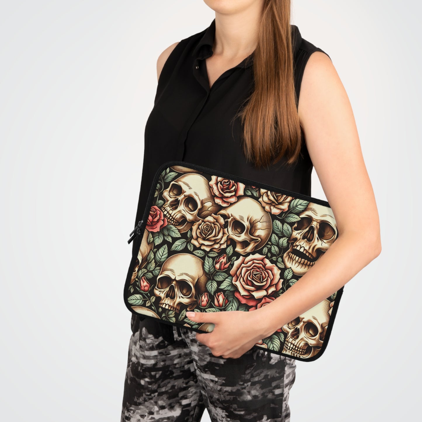 Gothic Roses Laptop Sleeve, Romantic Skeleton Design, Black Floral Tech Case, Halloween Computer Cover, Dark Romantic Tablet Pouch