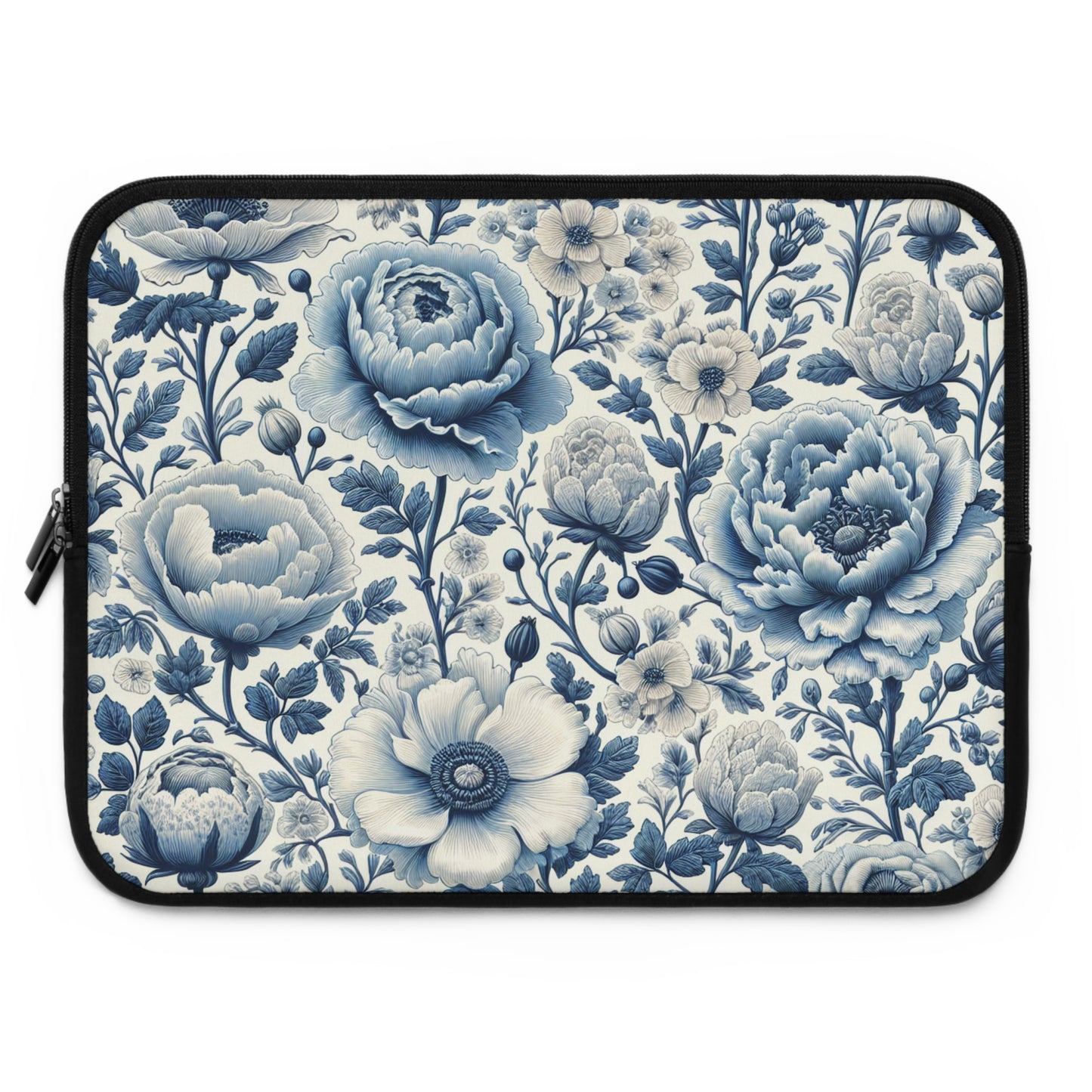 Laptop Sleeve, Blue and White Peony and Roses Floral Design, Tech Accessories, Protective Case, Laptop Cover, Gift for Her, Flower Pattern,