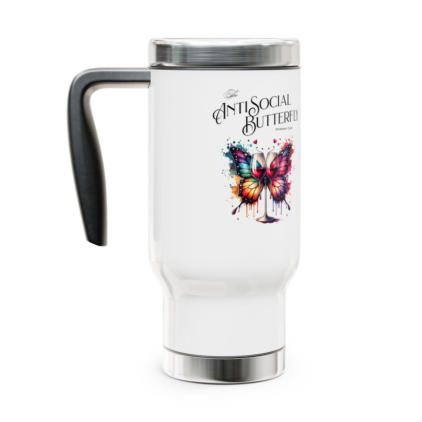 Travel Mug, antisocial drinking club, Introvert Gift, Stainless Steel Tumbler with Handle, Funny Coffee Cup, 14oz, Personalized Tea Mug