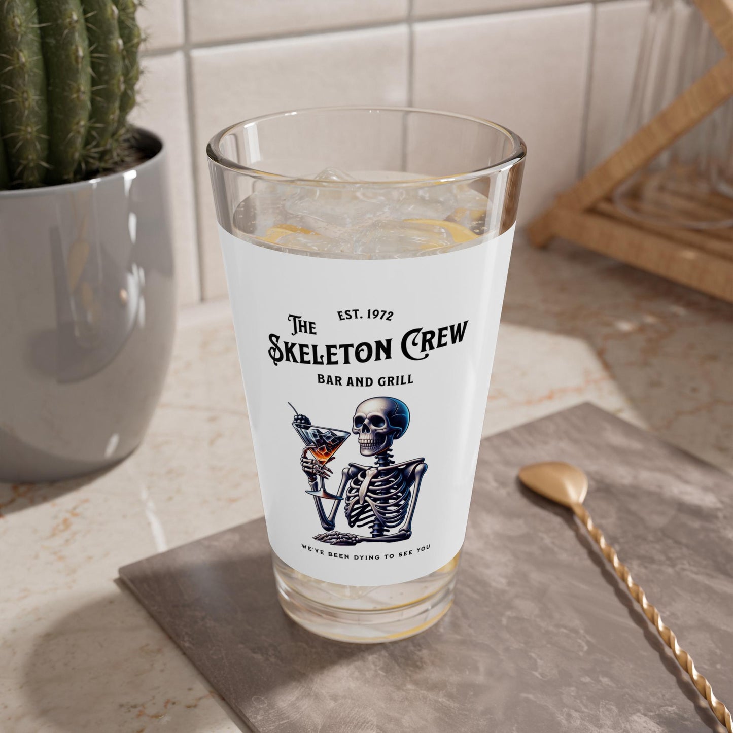 Mixing Glass, 16oz - Skeleton Crew Bar and Grill Funny Dark Humor Beer Glass, Novelty Pint Glass Cup, Spooky Drinking Mug, Unique Kitchen