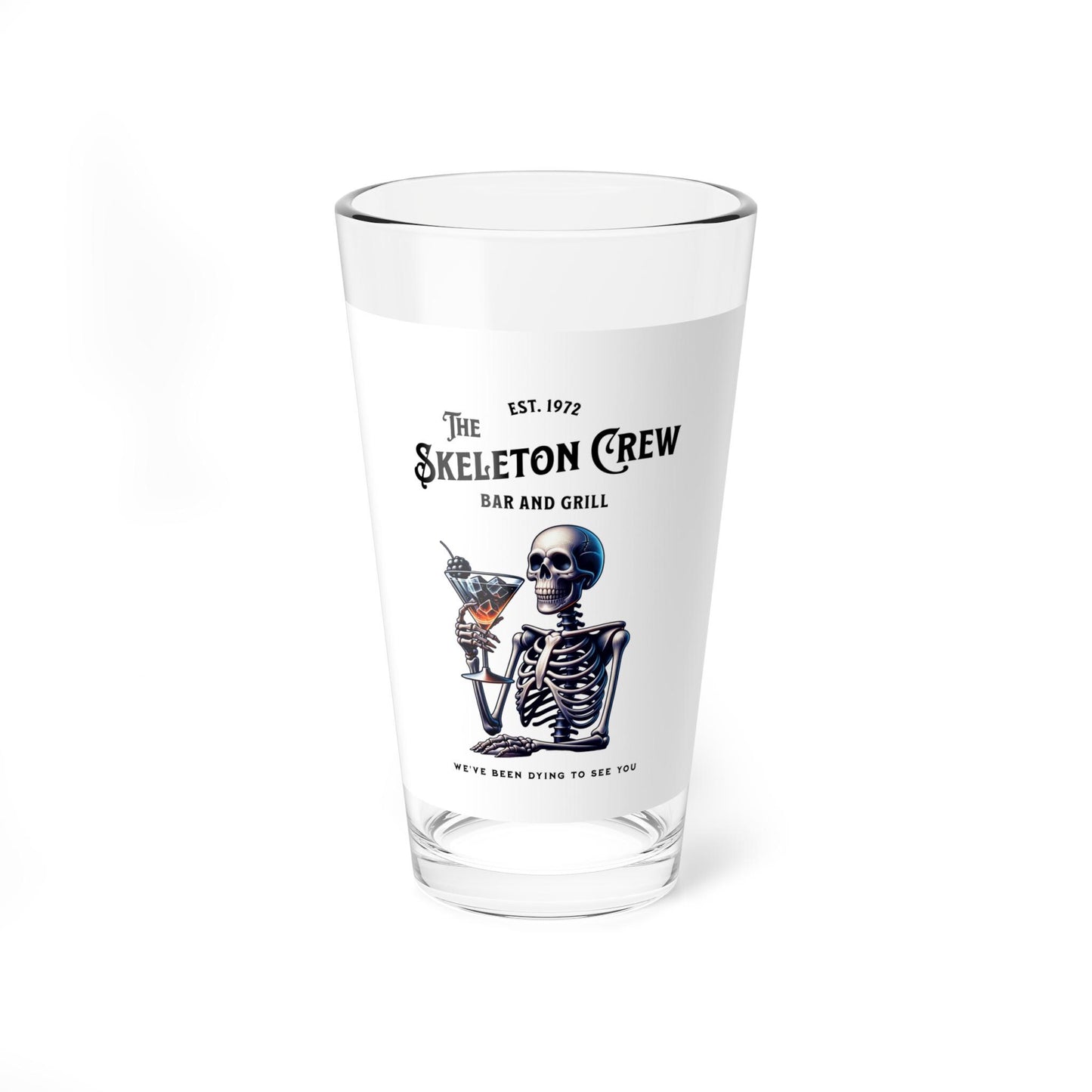 Mixing Glass, 16oz - Skeleton Crew Bar and Grill Funny Dark Humor Beer Glass, Novelty Pint Glass Cup, Spooky Drinking Mug, Unique Kitchen