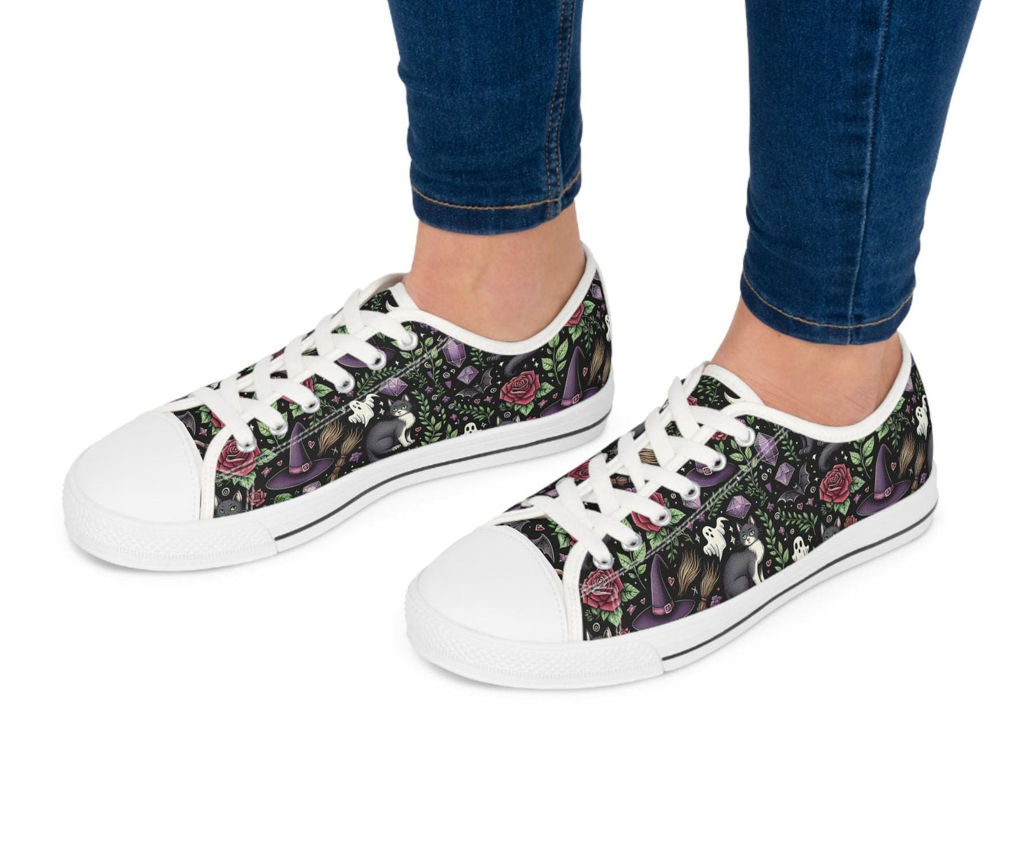 Witchy Halloween Sneakers, Black Low Top Shoes, Halloween Costume, Women's Shoes, Halloween Footwear