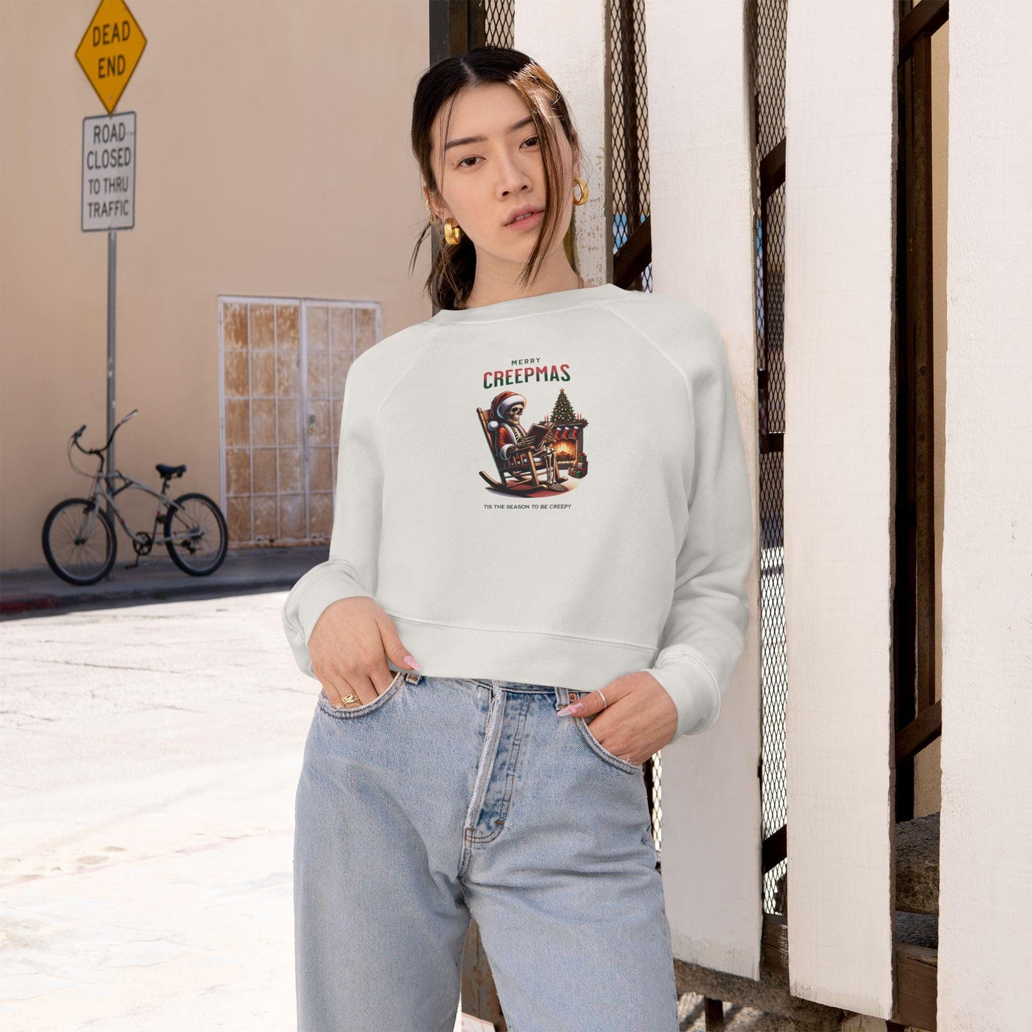 Cropped Sweatshirt, Merry Creepy Christmas Design, Fleece Pullover, Women's Holiday Apparel, Winter Jumper, Festive Crop Top, Cozy Sweater