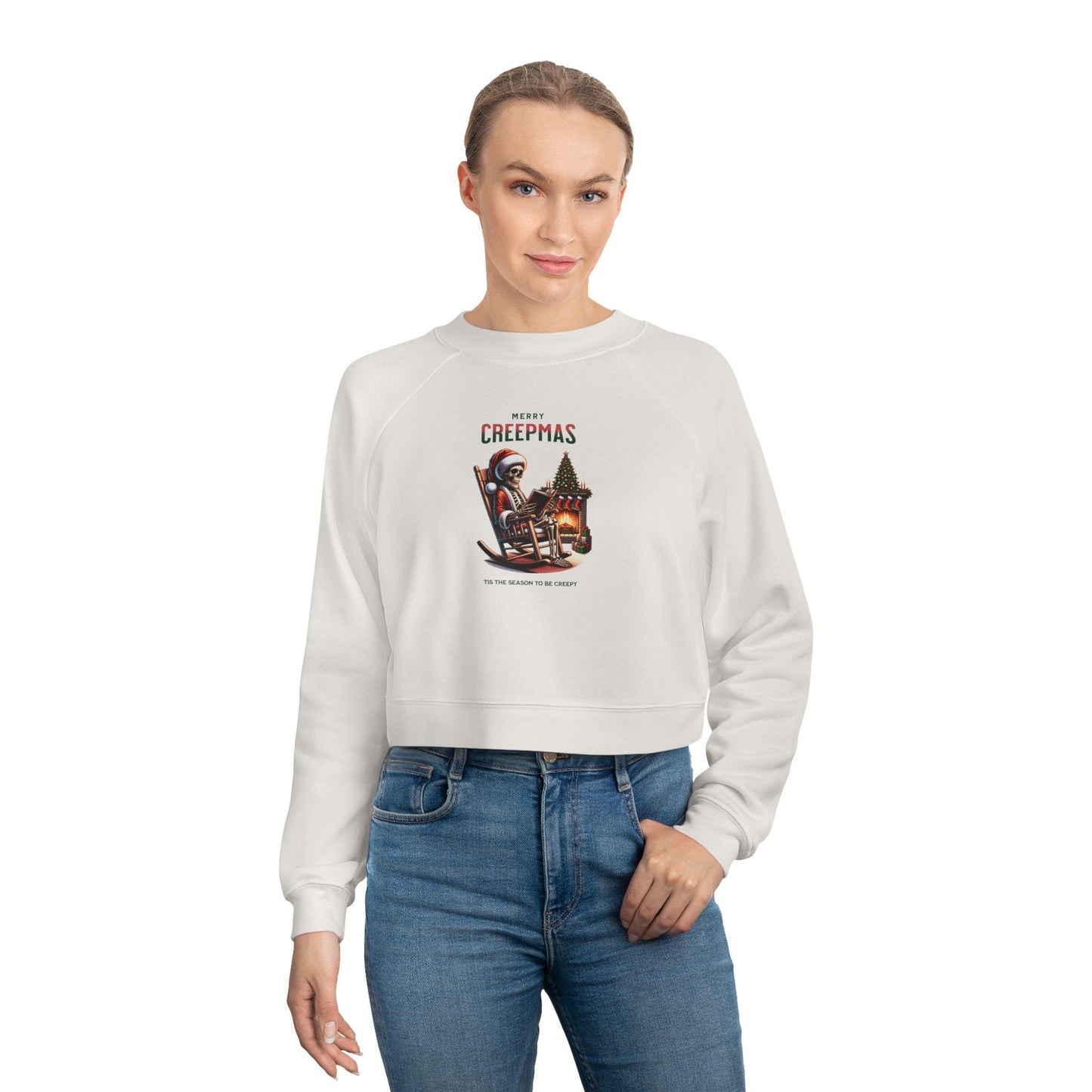 Cropped Sweatshirt, Merry Creepmas Fleece Pullover for Women, Gothic Christmas Jumper, Alternative Xmas Top, Spooky Winter Sweater, Holiday