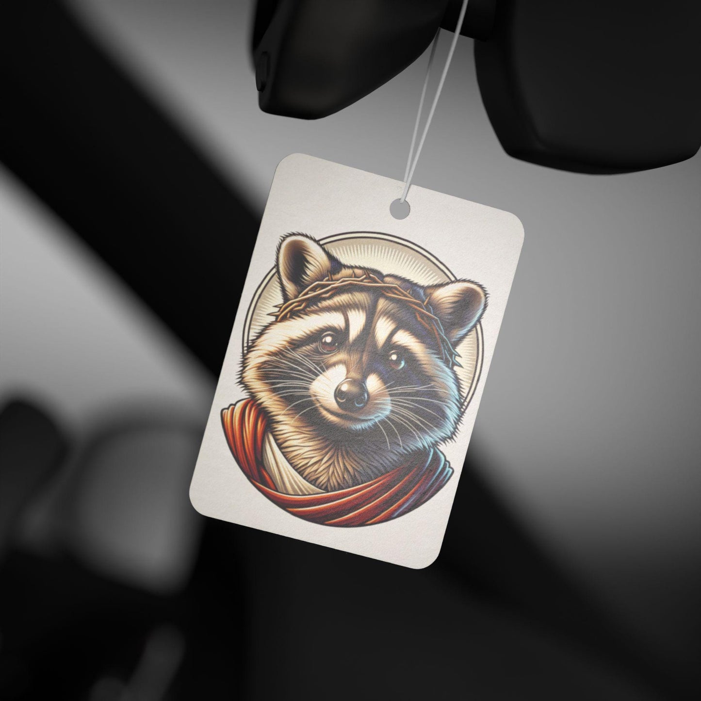 Car Air Freshener - Cute Raccoon Jesus Design for Animal Lovers, Car Accessories, Scented Hanging Decoration, Unique Gift, Religious Car