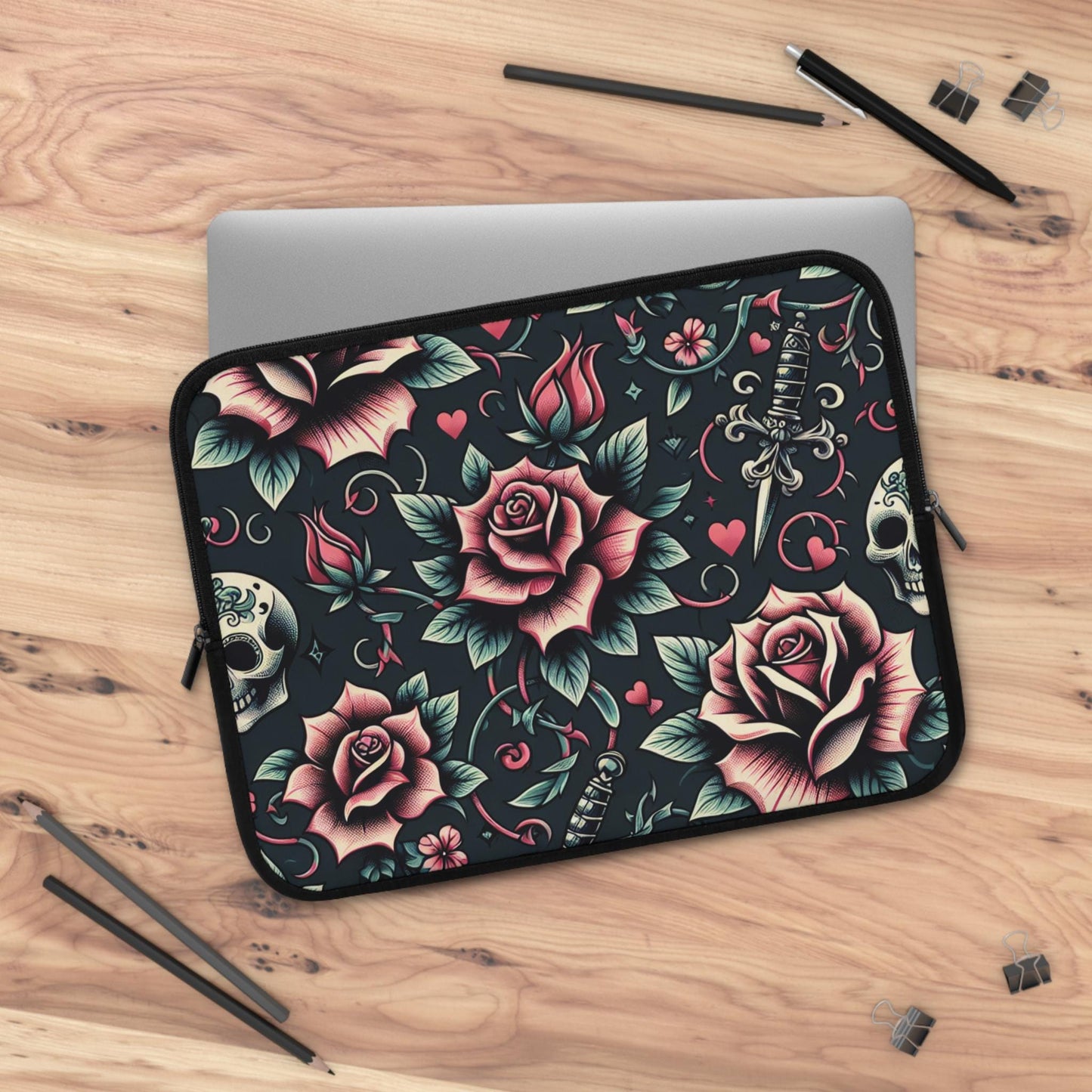 Gothic Laptop Sleeve, Skulls and Roses Design, Protective Sleeve, Tech Accessories, Gift for Him, Gift for Her, Halloween Laptop Case,