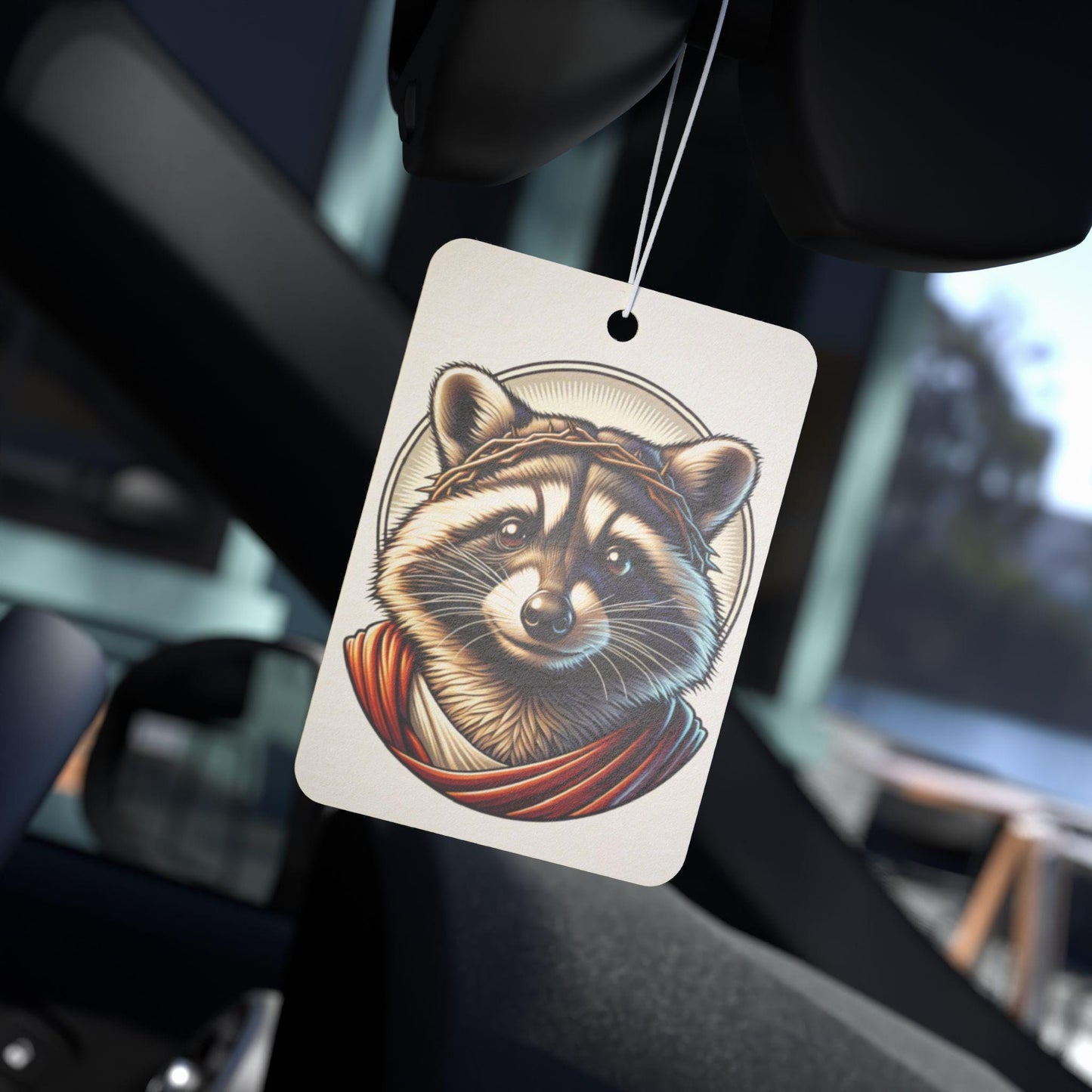 Car Air Freshener - Cute Raccoon Jesus Design for Animal Lovers, Car Accessories, Scented Hanging Decoration, Unique Gift, Religious Car
