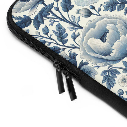 Laptop Sleeve, Blue and White Peony and Roses Floral Design, Tech Accessories, Protective Case, Laptop Cover, Gift for Her, Flower Pattern,