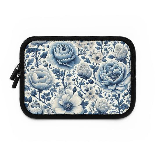 Laptop Sleeve, Blue and White Peony and Roses Floral Design, Tech Accessories, Protective Case, Laptop Cover, Gift for Her, Flower Pattern,