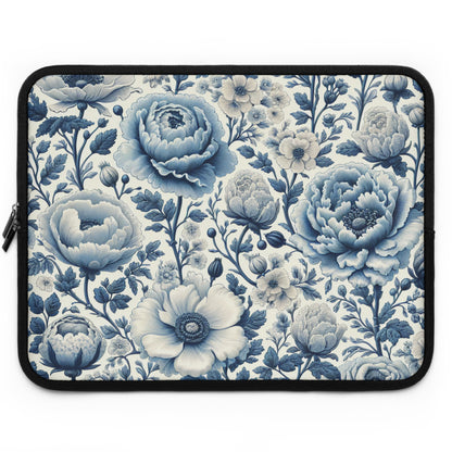 Laptop Sleeve, Blue and White Peony and Roses Floral Design, Tech Accessories, Protective Case, Laptop Cover, Gift for Her, Flower Pattern,