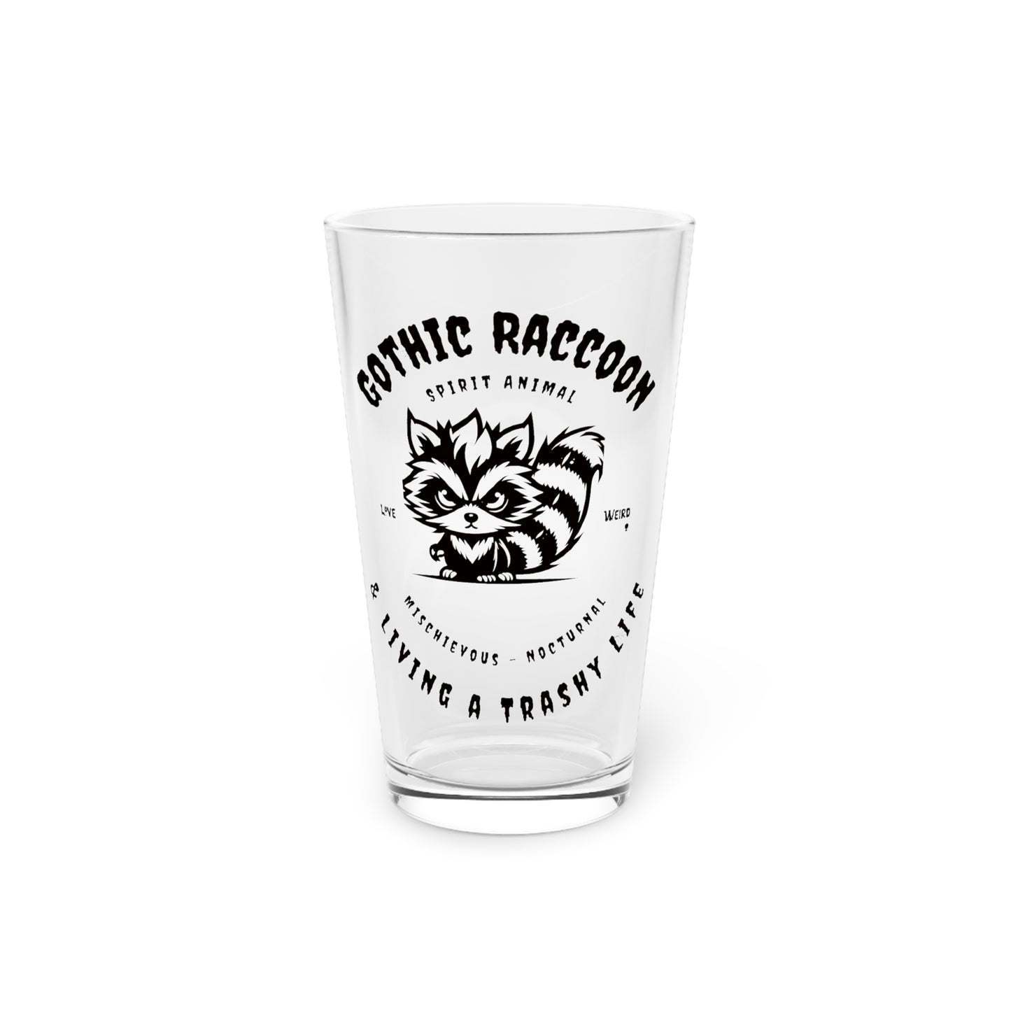 Gothic Raccoon Pint Glass, Fun Gift for Animal Lovers, Unique Drinkware for Parties, Perfect for Halloween, or Everyday Use