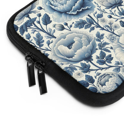 Laptop Sleeve, Blue and White Peony and Roses Floral Design, Tech Accessories, Protective Case, Laptop Cover, Gift for Her, Flower Pattern,