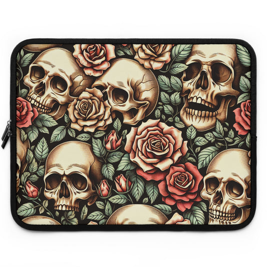 Gothic Roses Laptop Sleeve, Romantic Skeleton Design, Black Floral Tech Case, Halloween Computer Cover, Dark Romantic Tablet Pouch