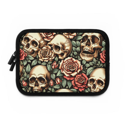 Gothic Roses Laptop Sleeve, Romantic Skeleton Design, Black Floral Tech Case, Halloween Computer Cover, Dark Romantic Tablet Pouch