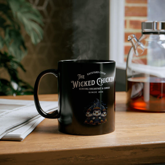 Funny Wicked Chicken Black Mug, Dark Humor Coffee Cup, Backyard Coven, Halloween Gift, Gothic Kitchen Decor, Unique Novelty Tea