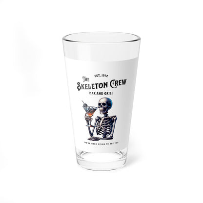 Mixing Glass, 16oz - Skeleton Crew Bar and Grill Funny Dark Humor Beer Glass, Novelty Pint Glass Cup, Spooky Drinking Mug, Unique Kitchen