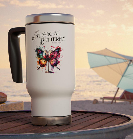 Travel Mug, antisocial drinking club, Introvert Gift, Stainless Steel Tumbler with Handle, Funny Coffee Cup, 14oz, Personalized Tea Mug