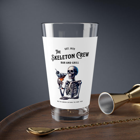 Mixing Glass, 16oz - Skeleton Crew Bar and Grill Funny Dark Humor Beer Glass, Novelty Pint Glass Cup, Spooky Drinking Mug, Unique Kitchen