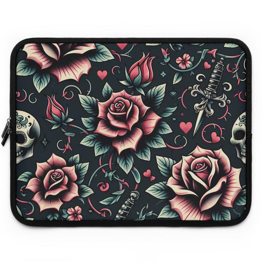 Gothic Laptop Sleeve, Skulls and Roses Design, Protective Sleeve, Tech Accessories, Gift for Him, Gift for Her, Halloween Laptop Case,
