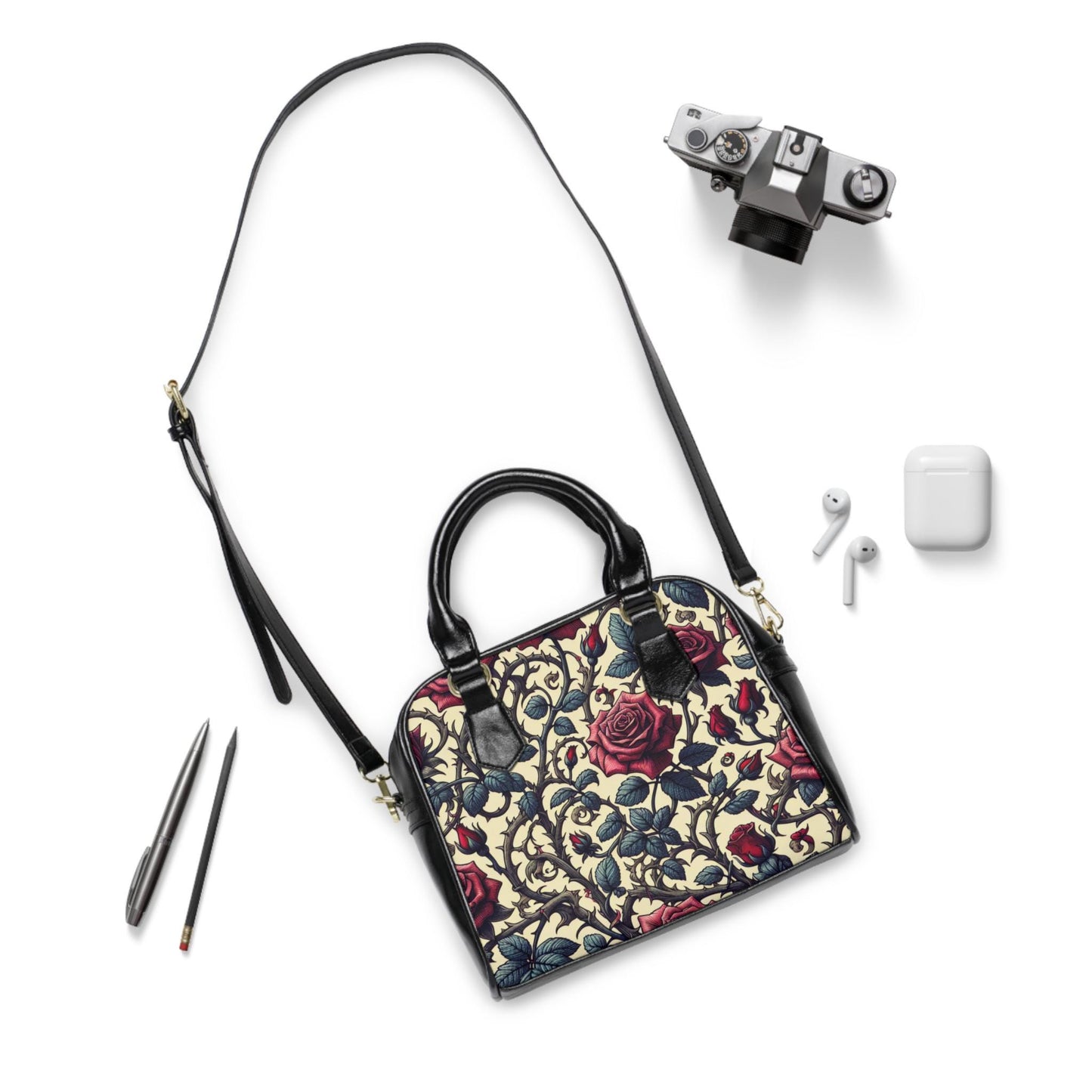 Shoulder Handbag, Romantic Roses Purse, Floral Tote Bag, Elegant Rose Print Crossbody, Feminine Flower Handbag, Chic Botanical Shoulder Bag,