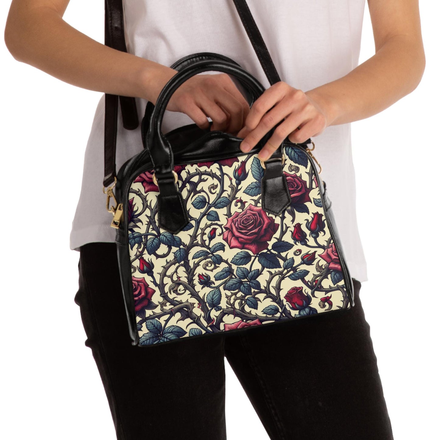 Shoulder Handbag, Romantic Roses Purse, Floral Tote Bag, Elegant Rose Print Crossbody, Feminine Flower Handbag, Chic Botanical Shoulder Bag,