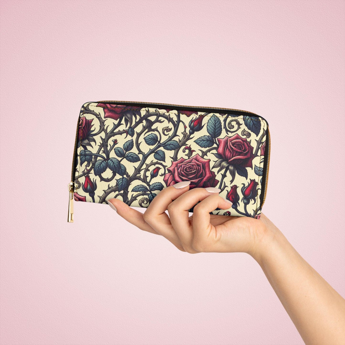 Zipper Wallet, Floral Wallet, Rose Print Purse, Romantic Roses Clutch, Gift for Her, Women's Accessories